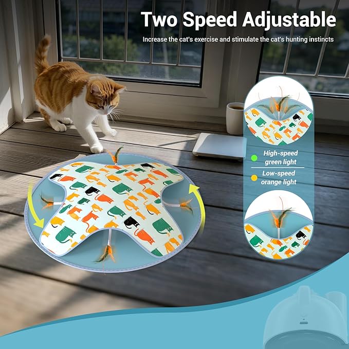 Interactive Cat Toy, 2-in-1 Automatic Cat Toys with Hide/Seek Mode, Moving Concealed Feathers, Two Speed Adjustable & Smart Touch Wake Up - Kitten Play for Indoor Cats (Blue)