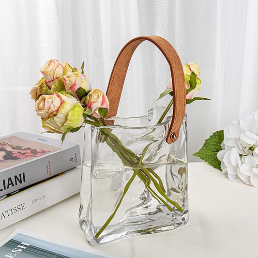 Glass Purse Vase for Flowers Clear Vases for Centerpieces Glass Bag Vase with Leather Handle Small Bag Vases for Decor Decorative Fish Bowl for Home Wedding Decor