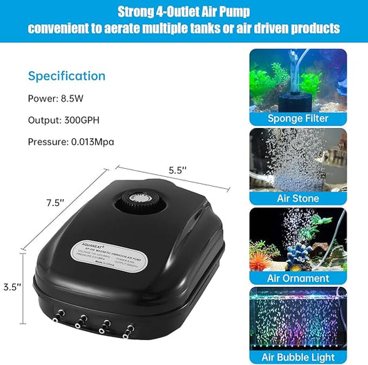 AQUANEAT Aquarium Air Pump 300GPH, for up to 200 Gallon Fish Tank, Powerful Hydroponic Aerator Pump, Adjustable Oxygen Bubbler