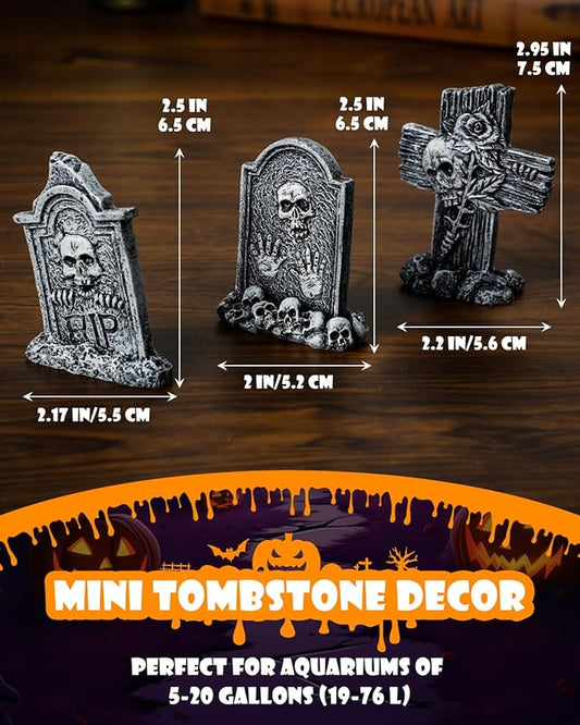 Uniclife 3 Pcs Halloween Miniature Tombstones Decorations, Halloween Fish Tank Decor, Resin Mini Tombstones Figurines, RIP Cross Skull Graveyard Gravestones, Small Spooky Town Village Accessories