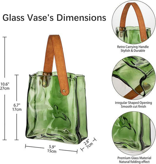 Glass Purse Vase for Flowers Green Vases for Centerpieces Glass Bag Vase with Leather Handle Small Handbag Vases for Decor Decorative Fish Bowl for Home Wedding Decor