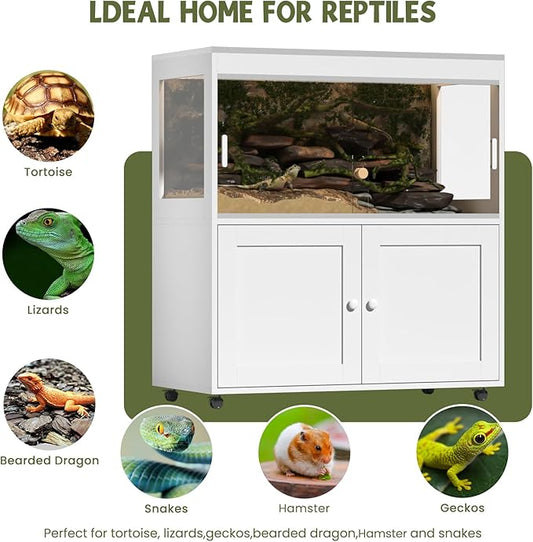 Large 60 Gallon Reptile Terrarium with Storage Cabinet and Sliding Door Handle, Reptile Tank with Legs & Metal Mesh Roof Door – Ideal Habitat Enclosure for Snakes, Lizards, and Geckos