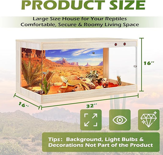 Royxen Tempered Glass Reptile Enclosure,Reptile Tank with Wooden Mesh Top and Lockable Design,32 Gallon Bearded Dragon Tank for Lizard Gecko Tortoise Snake Habitat,32" x 16" x 16",Oak