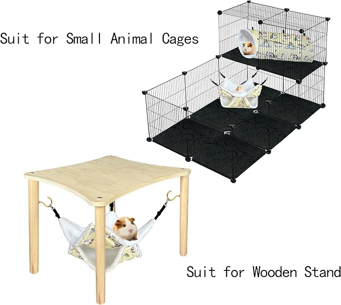 LUCKITTY Small Pet Hammock & Tunnel Set for Ferrets, Guinea Pigs, Rats - Plush Hideout Bed & Cage Toy, 2-Pack, Yellow Guinea Pig Print