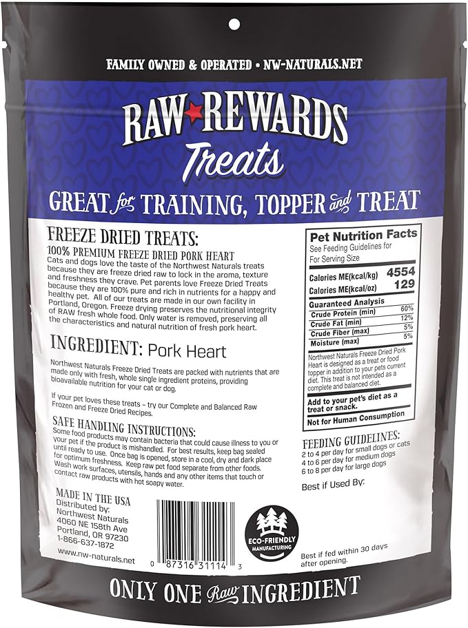 Northwest Naturals Raw Rewards Freeze-Dried Pork Heart Treats for Dogs and Cats - Bite-Sized Pieces - Healthy, 1 Ingredient, Human Grade Pet Food, All Natural, Proudly Made in USA, 3 Oz