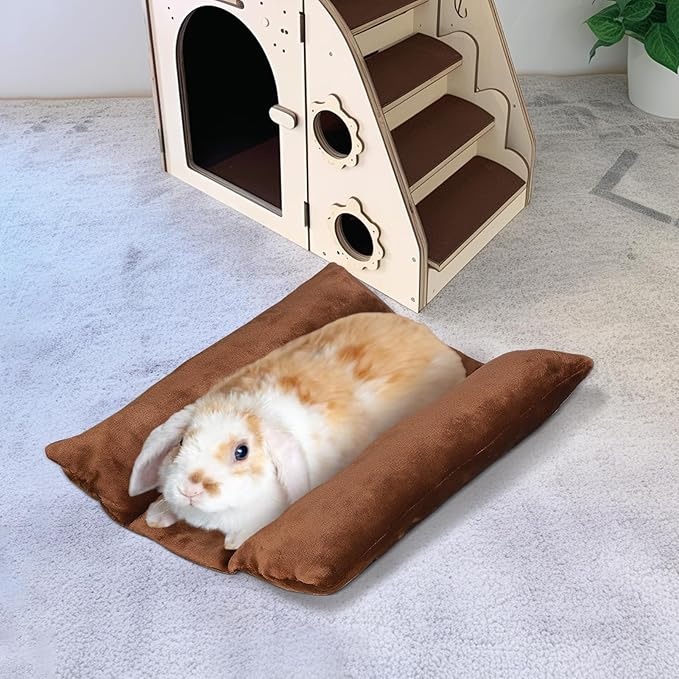 MEWTOGO 15.7 x 14In Rabbit Bed, Thickened Soft Bunny Bed, Cuddle Cushion Plush Mat with Cotton Lounger Pillows, Small Pet Flop Mat for Cage Sleeping Indoor Bunny Gifts, Brown