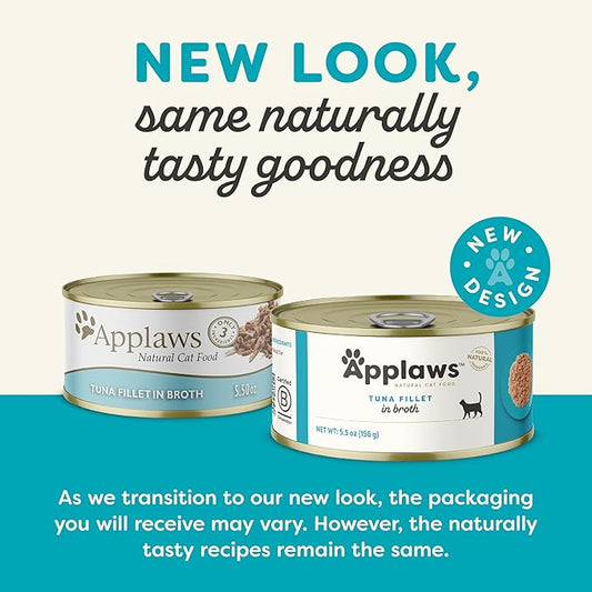 Applaws Natural Wet Cat Food, 24 Count, Limited Ingredient Canned Wet Cat Food, Tuna Fillet in Broth, 5.5oz Cans