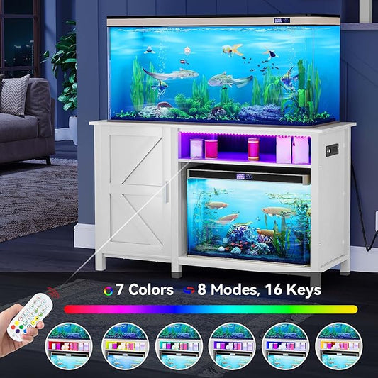 YITAHOME Aquarium Stand with Power Outlets, 55-75 Gallon Fish Tank Stand, Cabinet with RGB Light Strip Suitable for Turtle Tank, Reptile Terrarium, 900LBS Capacity,White