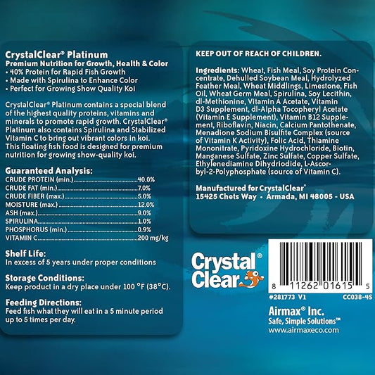 CrystalClear Platinum Fish Food, Premium Floating Pellets for Koi & Goldfish – Boost Growth, Color, and Wellness in Backyard Ponds & Water Gardens, 3mm Pellets, 4.4 Pounds