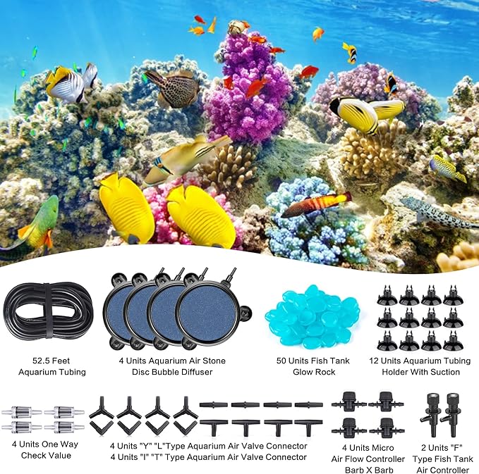 101 PCS 4 Inch Air Stone Disc Bubble Diffuser with Sucker, 52 ft Silicone Airline Tubing with Air Pump Accessories, 4 Control Valve,4 Check Valves, 12 Suction Cups for Hydroponics Aquarium Fish Tank