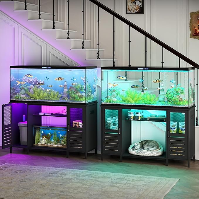 BREEZEHEAT 55-75 Gallon Fish Tank Stand with Power Outlets, LED Light, Heavy Duty Aquarium Stand with Cabinet, Terrarium stand Suitable for Turtle/Reptile Tank-Black 53.2" Lx 20.1" W x 31.5" H