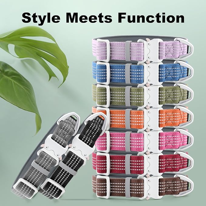 Plutus Pet Reflective Dog Collar with Aviation Aluminum Buckle, Neoprene Padded for Comfort, Lightweight, Heavy Duty Nylon Collar for Puppy Small Medium Large Dogs (Pink, L)
