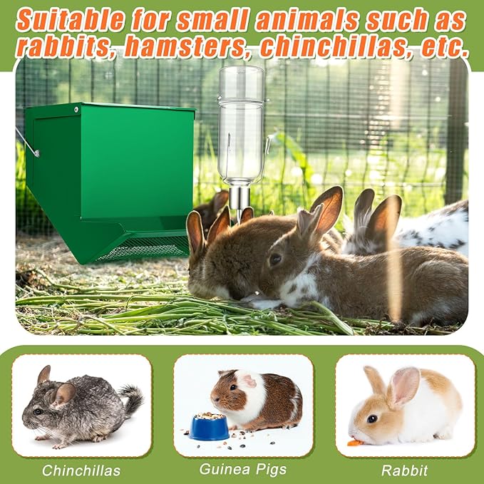 Maxcheck 2 Pack Rabbit Feeder and 12 oz Water Bottle for Cages Pet Food Water Dispenser with Lid Metal Feeders Outside for Guinea Pig Hamsters Chinchillas Gerbils and Other Small Animals (3 Lbs)
