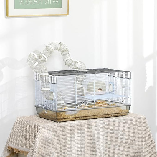 PawHut Hamster Cage, 2 Levels Gerbil Cage, Small Animal Cage for Dwarf Hamster with Tubes and Tunnels, Exercise Wheel, Food Dish, Water Bottle, Ramp, 23" x 13" x 12", Gray