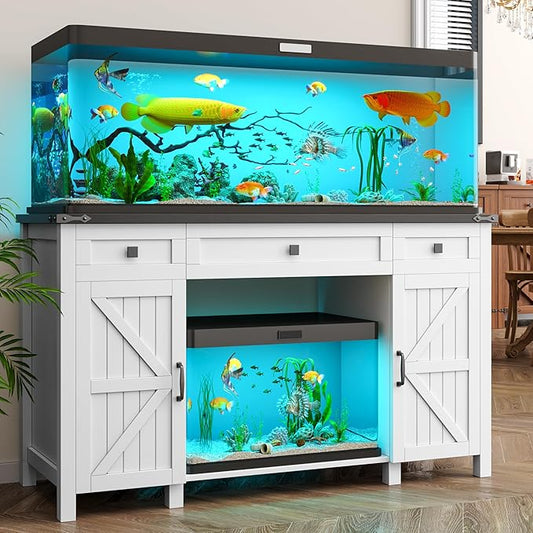 Farmhouse 55-75 Gallon Fish Tank Stand with Power Outlet, Aquarium Stand with 2 Drawers and Adjustable Shelves, Heavy Duty Reptile Tank Stand for 2 Fish Tank/Turtle Tank/Reptile Terrarium