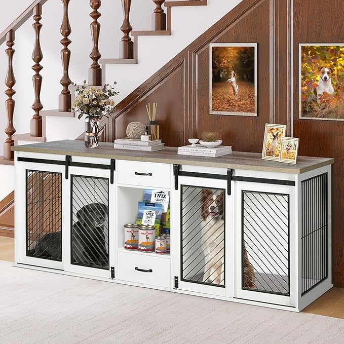 Extra Large Dog Crate Furniture, 85" Sliding Door Double Kennel for 2 Large Dogs Divided, Heavy Duty Wooden Dog Crate Kennel Furniture with 4 Dog Bowls and Drawer Indoor, White