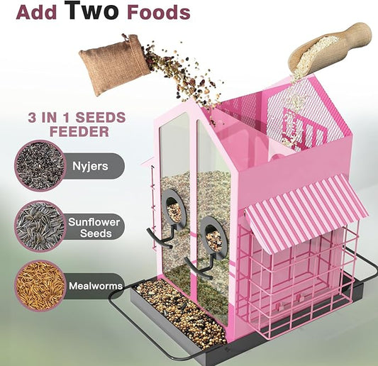 Bird Feeders for Outdoors, Metal Bird Feeder with Double Suet Cage Weatherproof Metal Roof, 2 in 1 Mixed Seeds Suet Feeder, 4Lbs Large Capacity, Great for Finch、Cardinal、Chickadee(Pink)