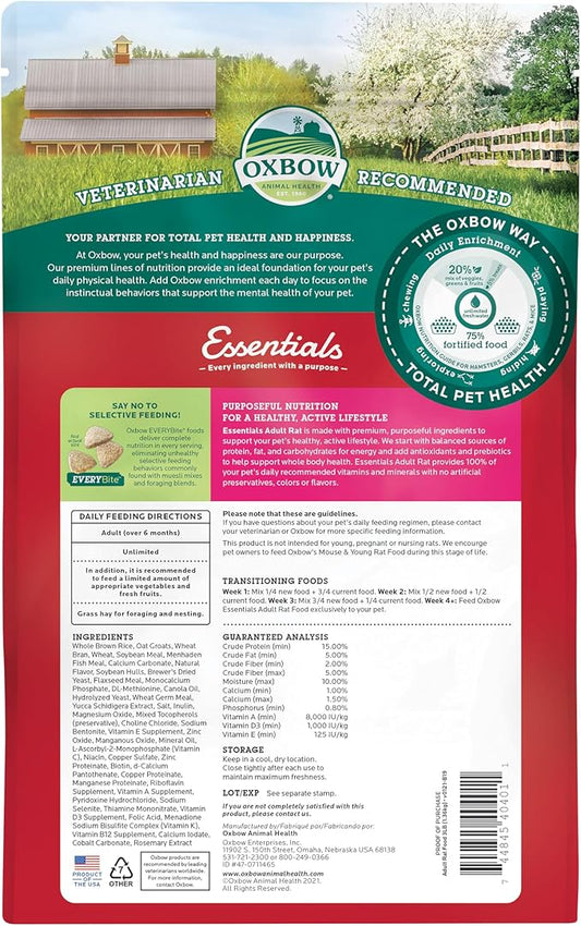 Oxbow Essentials Rat Food, Pet Food for Adult Rats, All-Natural Vitamin & Mineral Rich Formula, Veterinarian Recommended, Oxbow Animal Health, Rodent Pellets, Made in USA, No Artificials, 3 lb. Bag