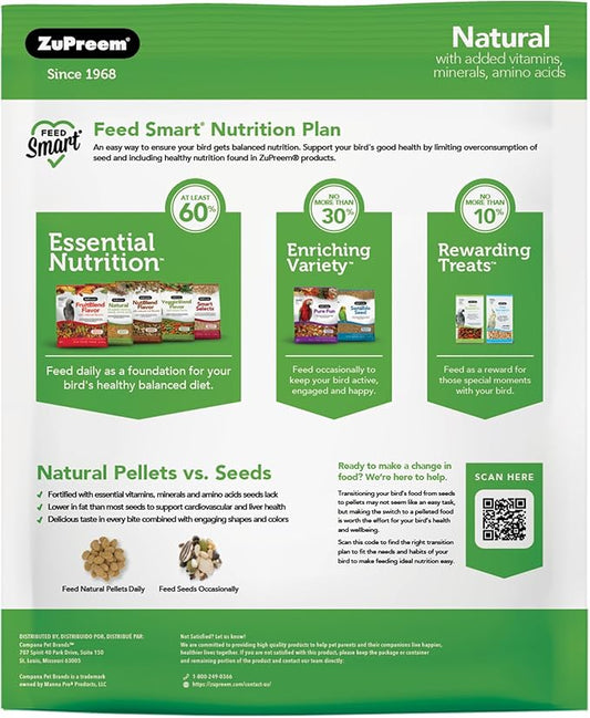 ZuPreem Natural Bird Food, Bird Feed Pellets for Parrot, Conure, Caique, African Grey, Eclectus, Small Cockatoo, ZuPreem Core Nutrition, Made in USA, Added Vitamins, Parrot Food, (M/L, 10 lb Bag)