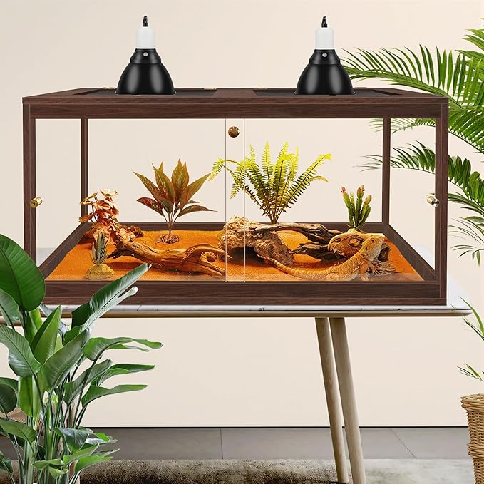 PROLEE Bearded Dragon Tank,60 Gallon Reptile Tank with Meatl Mesh Roof and Front Sliding Door, Anti-Scratch Lizard Tank,Spacious Reptile Enclosure for Snakes,Lguanas, Chameleons(Walnut)