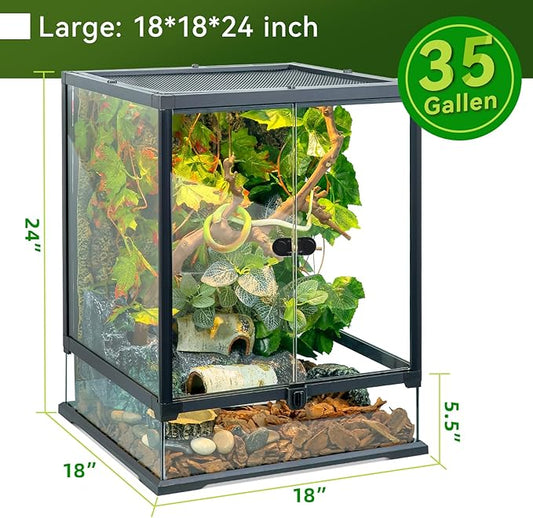 24x18x18'' 35 Gallon Glass Reptile Tank Front Opening Terrarium Suitable for Leopard Geckos, Snakes, Tree Frogs, Chameleons,Watertight Base, Ventilated Metal Mesh Top, Pre-Drilled Cable Holes