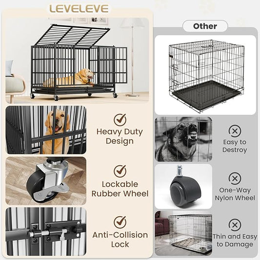 LEVELEVE 38 Inch Heavy Duty Indestructible Dog Crates for Large Dogs,Escape Proof Dog Cage Large Dogs with Lockable Wheels,Dog Kennel Furniture Indoor&Outside