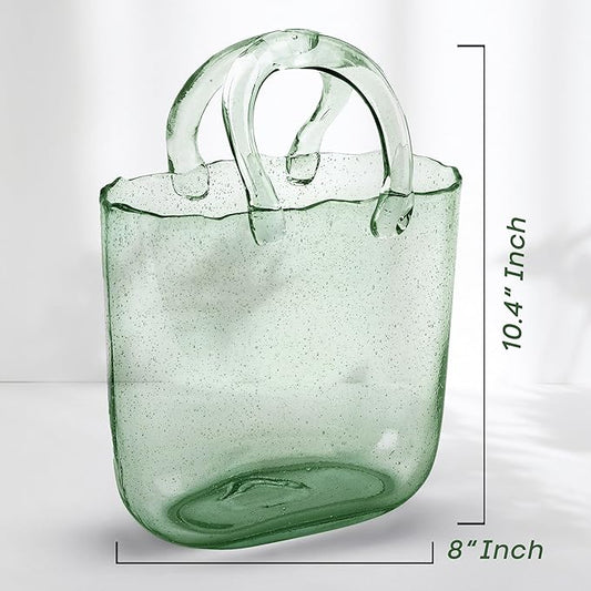 OLEEK Purse Vase for Flowers (Handmade) - 10 Inches Clear Glass Purse Vase - Cool & Cute vases for centerpieces, Fish Bowl - Unique Glass Handbag Flower vase Decorative - Wide Mouth Glass Purse