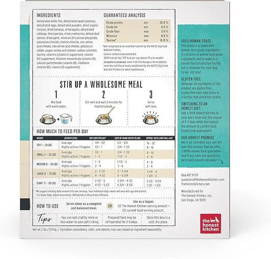 The Honest Kitchen Human Grade Dehydrated Grain Free Dog Food – Complete Meal or Dog Food Topper – Fish 2 lb (Makes 8 lbs)