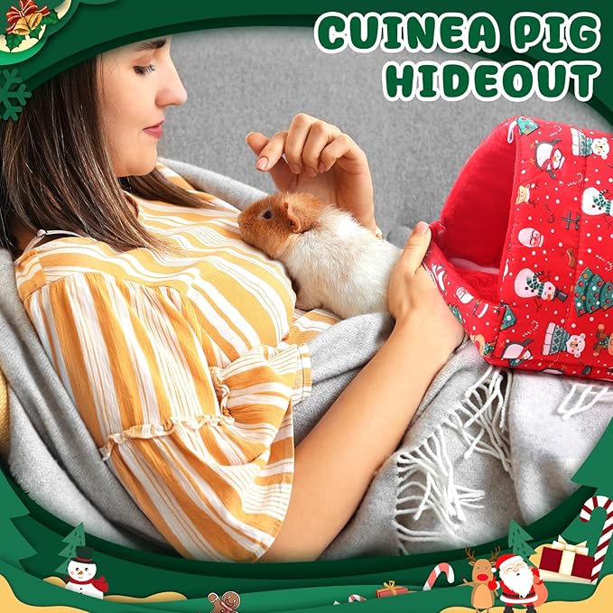 Ripeng 6 Pcs Guinea Pig Hideout Guinea Pig Bed House Rabbit Tunnel Washable Small House Cage Accessories for Hedgehog Mouse Chinchillas Hamster Ferrets Bearded Rats(7.9 Inch Christmas Elements)