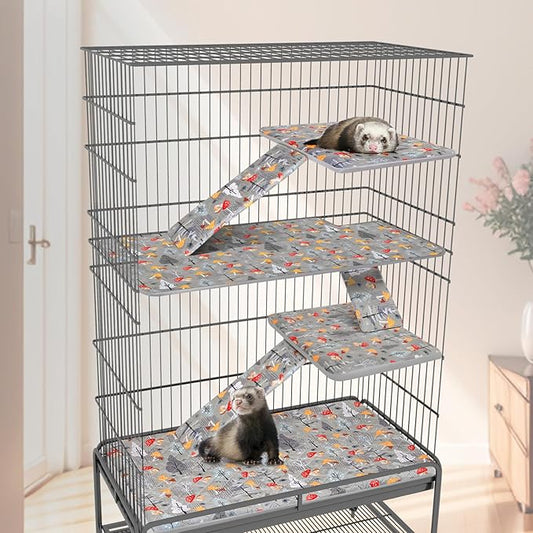 Bienbee Ferret Cage Liner Set for Ferret Nation & Critter Nation Cage, Waterproof Ferrets Cage Accessories for Small Animals Rats Chinchillas Hedgehogs Ferrets(Gray Mushroom, Double Unit Combo)