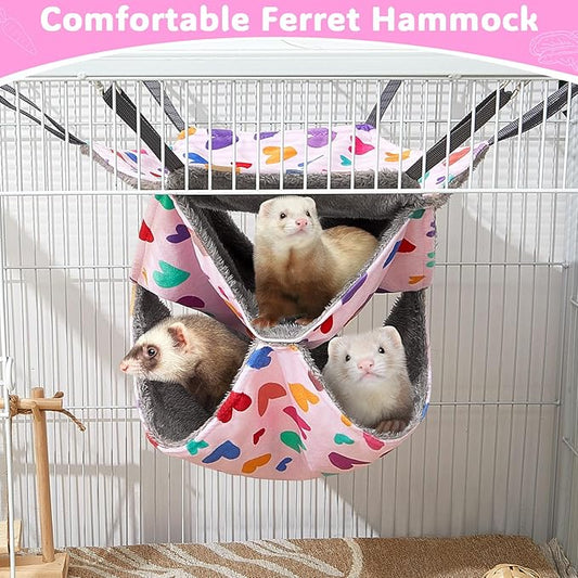 Glittme 3-Layer Ferret Hammock Soft Guinea Pig Hammock Washable Rat Hammock Hamster Cage Accessories Cozy Ferret Bed Toys for Small Animals Pet Sugar Glider