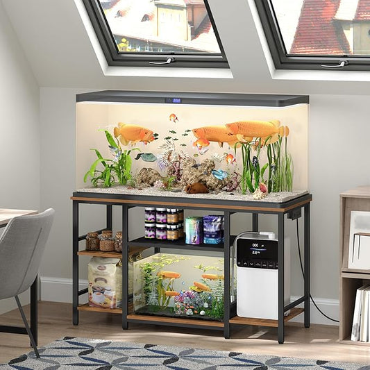 55-75 Gallon Fish Tank Stand with Power Outlet, 3-Tier Metal Frame Aquarium Stand, Heavy Duty Reptile Terrarium Tank Stand, 52.0"L x 19.7"W x 29.9"H, 800 LBS Capacity, Rustic Brown FTHR55E01