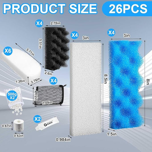 26 Pcs Aquarium Media Kit Compatible with Fluval 206/207 Canister Filter, Maintenance Replacement Accessories Including Foam Pad Ceramic Rings Filter Bags