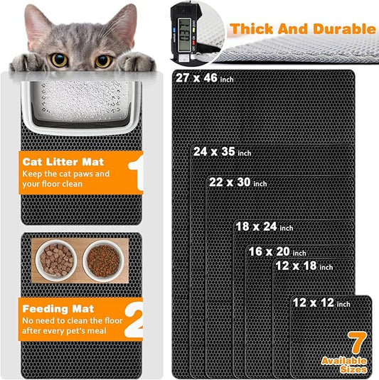 Waterproof Cat Litter Mat, Double Layer EVA, Odor-Free Large Grid, Urine Proof, Easy Cleanup (Black, 12 x 18)