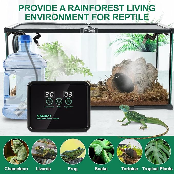 Reptile Humidifiers Smart Misting System for Herps Terrariums, Reptile Mister Automatic with Timer, 360° Adjustable Misting Nozzles for Chameleons, Snake, Frog, Turtle, Lizard