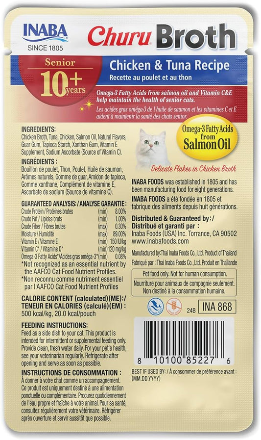 INABA Churu Broth for Cats Senior 10+, Side Dish Pouch, 1.4 Ounces per Pouch, 12 Pouches Total, Chicken & Tuna Recipe