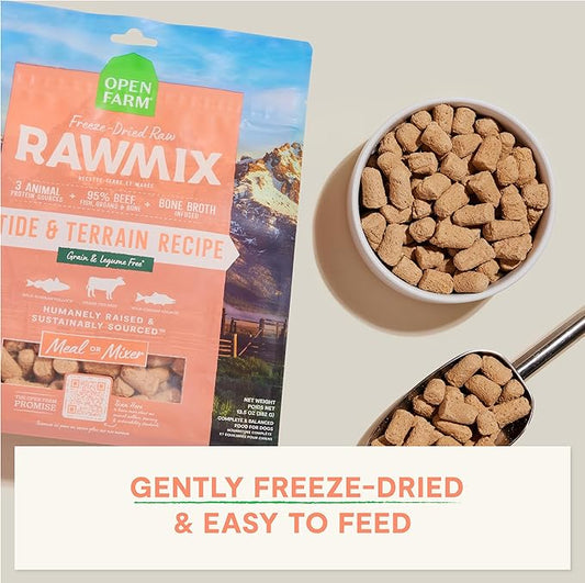Open Farm, RawMix Freeze Dried Raw Morsels, Dog Food Topper & Mixer, High Protein & Bone Broth Infused with 95% Real Meat, Organs & Bones, Tide & Terrain Recipe with Beef, Salmon & Pollock, 13.5oz Bag