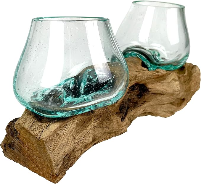 Double Molten Glass Bowl on Driftwood Base, Hand Blown Glass and Wood Centerpiece, Unique Rustic Table Decor, Dual Planter Terrarium, Natural Wood Art Glass Sculpture, 10.5 Inch Artisan Accent