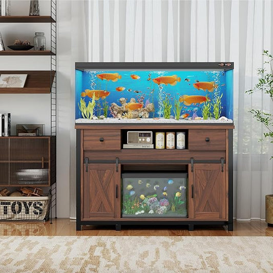 Miereirl 55-75 Gallon Fish Tank Stand with Power Outlet – Heavy Duty Aquarium Stand, 800 lb Capacity, Farmhouse Style, Adjustable Storage & Sliding Barn Doors, Light Brown