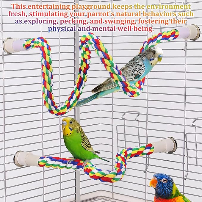 3 Pcs Bird Perch Cage Accessories Perches for Rope Cages Colorful Parrot Ropebird Flexible Parrot Toys (Large + Small) Double-Head Screw Type * 1 + Hook Cotton Rope Type * 1