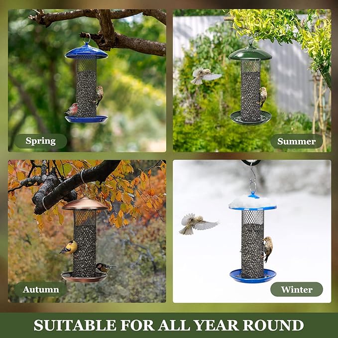 Kingsyard Mesh Tube Bird Feeders for Outdoors Hanging, All Metal, Wild Bird Feeder for Sunflower Seeds or Mealworm, Large Tray & Weatherproof Roof, 2.5 lbs Capacity (Dark Green)
