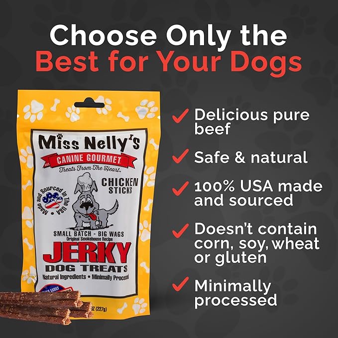 Miss Nelly's - Chicken Jerky Dog Treats - Soft Sticks - USA Made and Sourced - Original Smoke House Recipe - Small Batch Chicken Jerky for Dogs - Minimally Processed - 8 oz. Bag