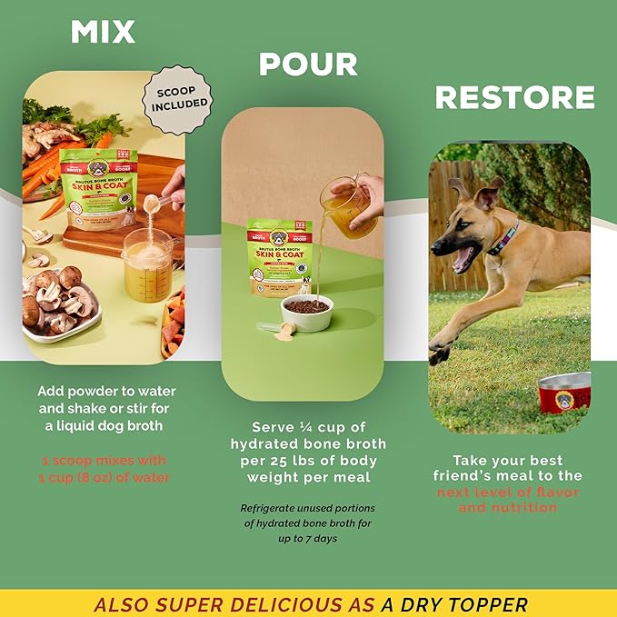 Brutus Broth Skin and Coat Meal Toppers for Dogs Mega Pack (Salmon Flavor) - Vegetable Broth Powder with Omegas 3, 6 & 9 - Dog Food Toppers for Dry Food - Makes 130oz of Liquid Bone Broth