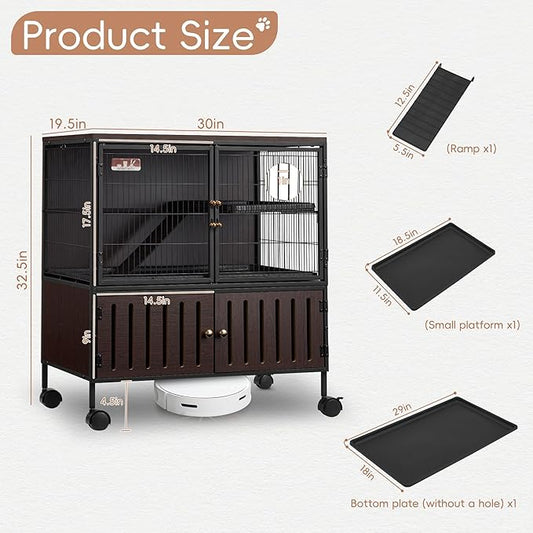 HABUTWAY 36.5''H Metal Large Ferret Cage, Rolling Chinchilla Cage with Removable Ramps& Double Door, Critter Nation Cage with Locker, Indoor Wooden Pet Crate Furniture