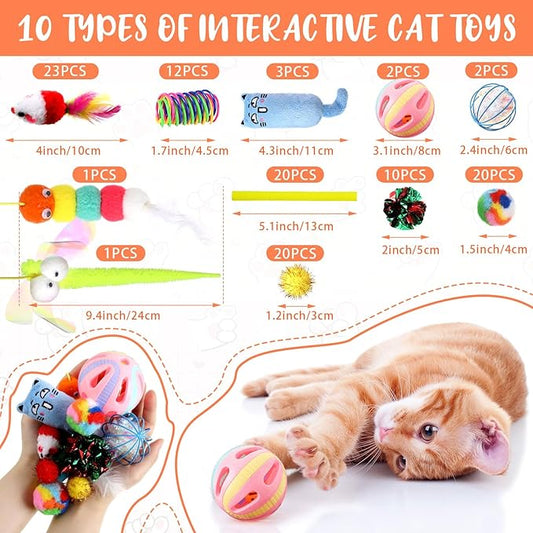 Shappy 150 Pcs Cat Toys Bulk Kitten Toys Pack Variety Funny Interactive Gift Including Mice Rainbow Balls Spring Crinkle Balls for Indoor Cat Kitty Kitten (Funny)