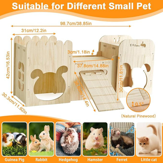 Natural Wooden Rabbit Castle House,Extra Large Hideout for Rabbit Guinea Pig Chinchilla Ferret,Sturdy Bunny House with Stair
