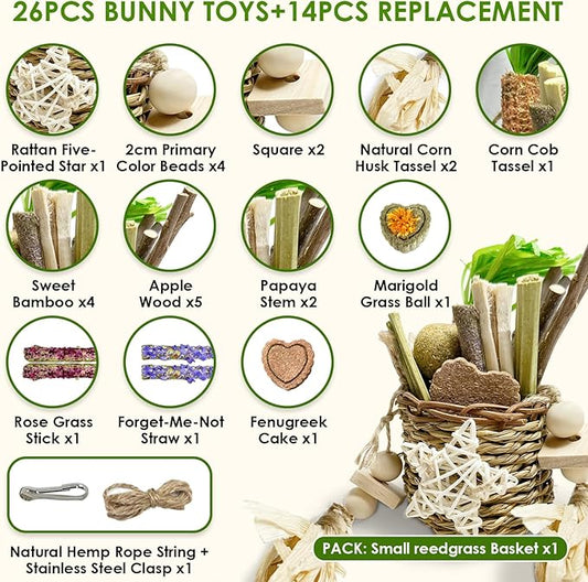 26Pcs Rabbit Toys for Bunny Boredom Basket for Small Pets, with 14Pcs Replacement Set Hanging Rodent Dental Toy with Papaya Stems Sweet Bamboo Hamsters, Chinchillas, Guinea Pigs