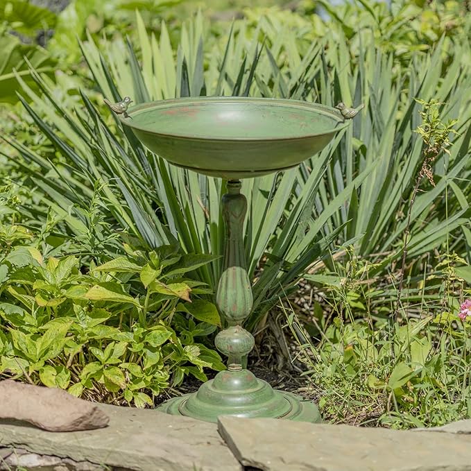 Zaer Ltd. Ornate Metal Pedestal Style Birdbath with Cast Iron Birds on Rim Full Base (Green)