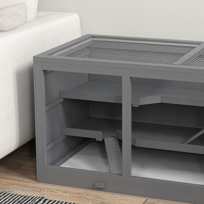 PawHut 45" Extra Large Wooden Hamster Cage, 3-Layer Rat Cage with Opening Roof, PVC Window, Small Animal Habitat for Gerbil, Dwarf & Syrian Hamsters, Gray