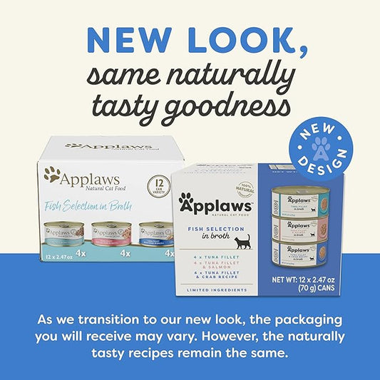 Applaws Natural Wet Canned Cat Food, Limited and Natural Ingredients, High Protein with No Artificial Additives, Fish Selection Variety Pack in Broth (12 x 2.47oz Cans)